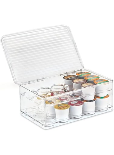 iDesign Linus Stackable Single Serve Coffee Pod Holder with Lid for Kitchen Pantry ,White,29 coffee pods Box - 2 Tier ,63630