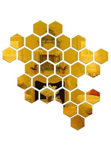 Wall1ders 31 Hexagon with 10 Butterflies Golden (Each Hexagon Size 10.5 cm x 12 cm) Hexagon Mirror Wall Stickers, Mirror Stickers for Wall,
