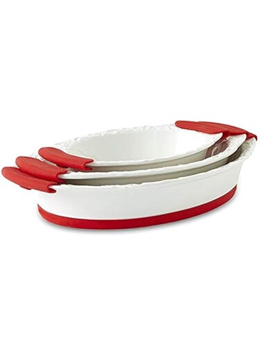 Opalina Bakeware With Silicone Handle And Base, White/Red- 3 Pieces