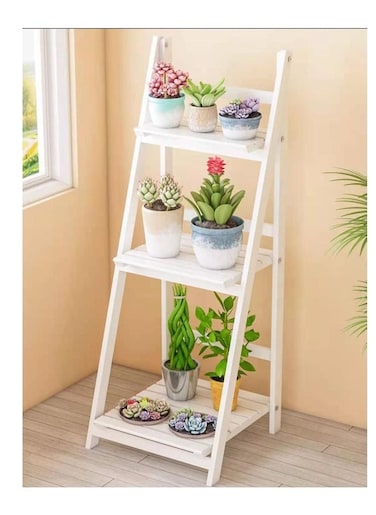 Wooden Foldable Plant Stand Book Shelf Display Flower Rack Stand 3 Layer Sollid Wood Ladder Design Flower Vase Shelves Bathroom Shelf (White)