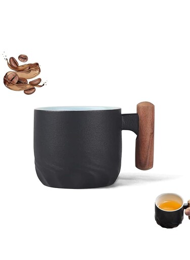 Ceramic Coffee Cup With Wooden Handle - Espresso, Latte, Cappuccino Mug - Handmade Retro Design (70ml) (Black)
