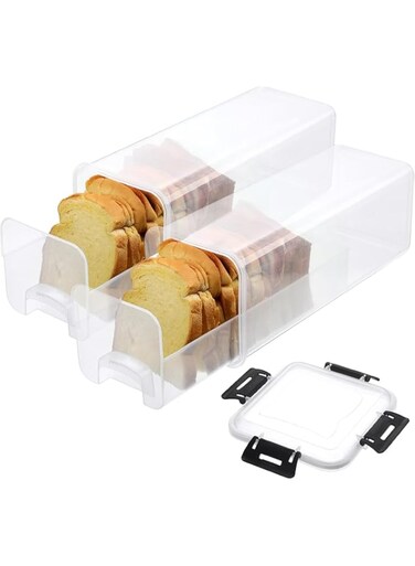 2Pcs Bread Box, Bread Storage Container with Tray for Kitchen Countertop, Plastic Bread Box with Airtight Lid, Loaf Bread Keeper, Sandwich Bread Dispenser, Bread Saver, Bread Holder for Homemade Bread