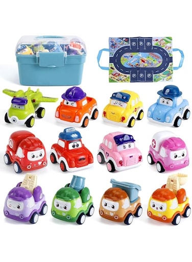 12 Sets Pull-Back Trucks with Playmat/Storage Box for Toddlers Age 1-2, Baby Toys 12-18 Months,Classroom, Party Favors, Goodie Bags Fillers, Birthday Day Gifts and Prize