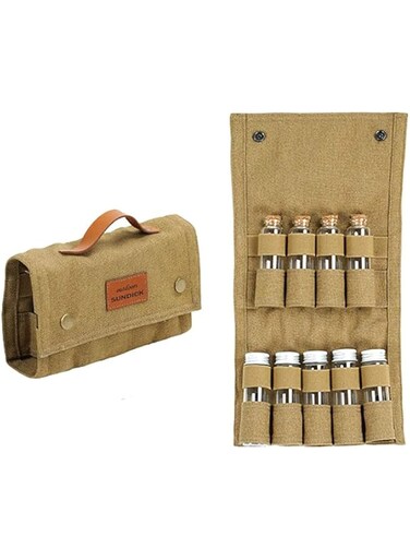 NALACAL Portable Travel Spice Kit for Camping, Salt and Pepper Shakers, Multi Spice Container, Outdoor Camping Seasoning Bottle Storage Bag - 9 Spice Jars Included - Khaki