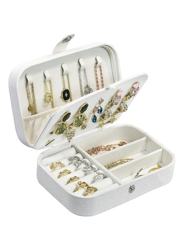 Hatori Travel Jewelry Box, PU Leather Small Jewelry Organizer for Women Girls,Portable Mini Travel Case Display Storage Holder Boxes for Stud Earrings, Rings, Necklaces, Bracelets (Glitter White)