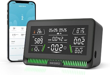 INKBIRD WiFi Air Quality Monitor Indoor Multifunctional Air Quality Detector IAQM-129-W Indoor Carbon Dioxide/Temperature/Humidity/AQI/HCHO/PM2.5/TVOC/PM10 Monitor for Home Office Hotel black