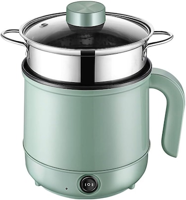 Multifunction Electric Hot-Pot with Stainless Steel Steamer - 1.7L Portable Non-Stick Electric Pot Frying Pan 6.8 Inch, Boil Dry Protection, Dual Power Control with Silicone" Spatula Included