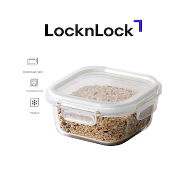 LocknLock Tempered Glass Square 520ml &ndash; Airtight Food Container with 4-Side Locking Lid, Microwave, Freezer &amp; Dishwasher Safe