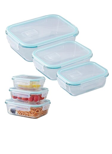 Tycom Glass Meal Prep Containers (3 pcs Rectangle) - Glass Food Storage Containers with Lids, Glass Lunch Box, Portion Control, Airtight, Glass Bento Box Lunch Containers- 3P Rectangle Blue