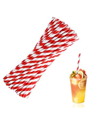 100 PCS Eco-Friendly Red &amp; White Striped Paper Straws for Milkshakes, Coffee, Lemonade - 0.24" x 7.75" - Ideal for Parties, Cafes, and Home Use - Stylish Drinking Straws