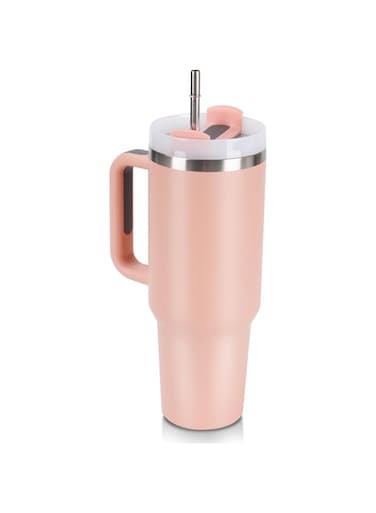 Kerykwan 40oz Tumbler with Handle Insulated Stainless Steel Travel Coffee Mug with Straw&amp;Lid Large Water Bottle Cup for Hot&amp;Cold Beverages (Pink)