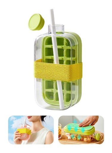 Ice Cube Bottle, 2 in 1 Touch-Free 28oz Ice Cube Cup Tray Water Bottle with Lid and Bin,Ice Maker Bottle, Silicone Water Bottle Ice Cube Tray Press Easy Ice Release for Coffee, Juice and Beverages