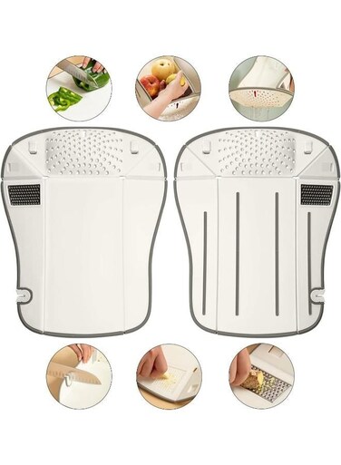 Multifunctional Foldable Cutting Board with Knife Sharpener, Grinder, Drainer, and Built-In Grater. BPA-Free Plastic Chopping and Charcuterie Board for the Kitchen.