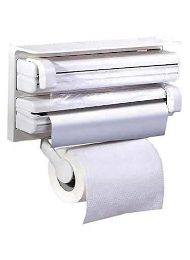 Zerorez Kitchen Triple Paper Dispenser   Cutter for Aluminium Foil, Cellophane Wrap, Cling Wrap   Spice Storage   Convenient to use   Minimalistic   White