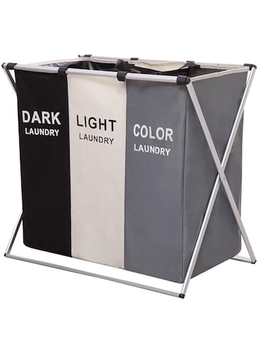 ECVV Laundry Basket 3 Sections, Foldable Laundry Hamper Sorter for Bedroom Bathroom Dorm, Waterproof Divided Dirty Clothes Basket with Aluminum Frame