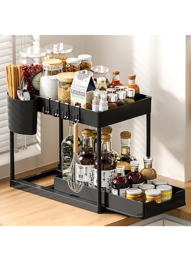 Under Sink Organizer, 2 Tier Pull-Out Storage Rack with Hooks &amp; Cup for Kitchen &amp; Bathroom, Multi-Purpose Countertop Storage Shelf with Sliding Drawer for Spice and Condiment (Black)