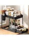 Under Sink Organizer, 2 Tier Pull-Out Storage Rack with Hooks &amp; Cup for Kitchen &amp; Bathroom, Multi-Purpose Countertop Storage Shelf with Sliding Drawer for Spice and Condiment (Black)