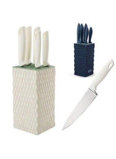 Knife Set with Block, 6 Kitchen Knives and a Universal Knife Holder, Extra Sharp Stainless Steel Blades for Precise Cutting with Non Stick Coating &amp; Soft Touch Easy Grip Handles