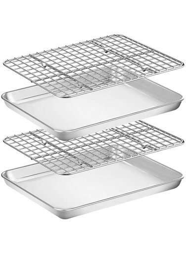 Wildone Baking Sheet with Rack Set [2 Pans + 2 Racks], Stainless Steel Cookie Sheet Baking Pan Tray with Cooling Rack, Size 10 x 8 x 1 Inch, Non Toxic &amp; Heavy Duty &amp; Easy Clean