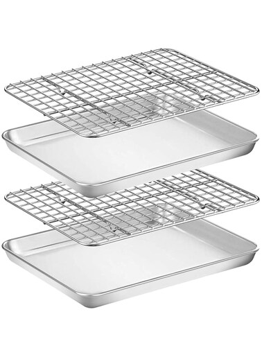Wildone Baking Sheet with Rack Set [2 Pans + 2 Racks], Stainless Steel Cookie Sheet Baking Pan Tray with Cooling Rack, Size 10 x 8 x 1 Inch, Non Toxic &amp; Heavy Duty &amp; Easy Clean