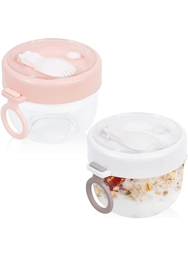 Angju Overnight Oat Containers with Lids and Spoons 2PCS, 600ml Portable Plastic Yogurt Jars, Leak-proof Large Capacity Dessert Cups for Yogurt Breakfast On The Go Cups, Oatmeal Jars Snack Containers