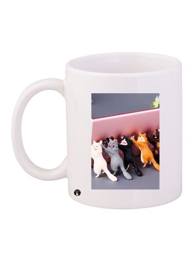 Cats Printed Coffee Mug White/Pink/Grey 11ounce