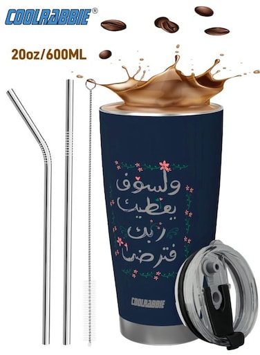 20oz Tumbler, Stainless Steel Vacuum Insulated Coffee Travel Mug with Straw and Brush, Double Wall Powder Coated Coffee Mug Travel Mug with Lid Thermal Cup for Outdoor,Suitable for Iced &amp; Hot Drinks, Bouquet and blessing design(Dark Blue), Ideal Gift