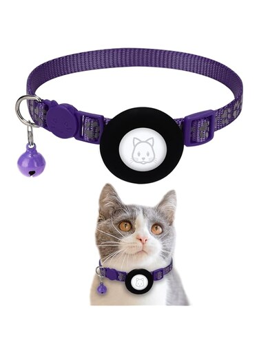 SimpleThings Airtag Cat Collar, Apple Air Tag Cat Collar with Safety Buckle and Bell, Reflective Cat Collar in 3/8" Width with Airtag Holder for Small Pets Cats Puppies Kitten