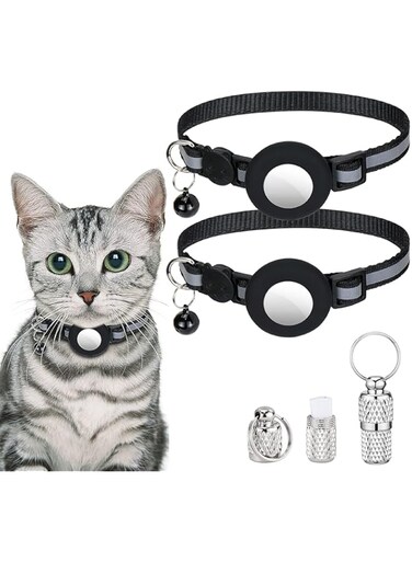 Homgaty 2 Pcs Airtag Cat Collar, Air Tag Cat Collar with Bell and ID Tags Capsule Pendant, Reflective Collar with Waterproof Airtag Holder Compatible with Apple Airtag for Cat Dog Kitten Puppy