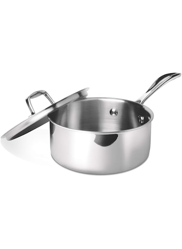 MILTON 18 cm, 2.2 Litre Triply Stainless Steel Sauce Pan with Lid, Dishwasher Safe, Even Heat Distribution, Induction &amp; Flame Safe, Sturdy Handles - Silver