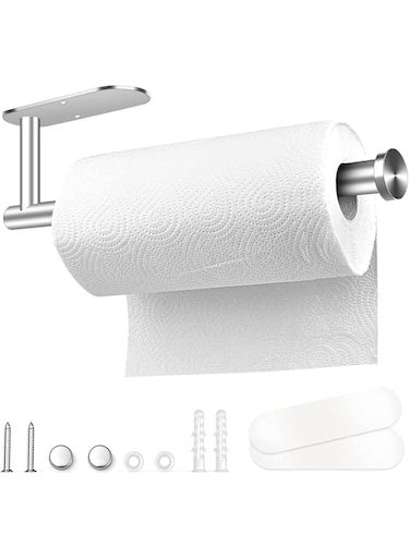 Khazna Paper Towel Holder Under Cabinet,Self Adhesive Hanging Paper Towel Rack for Large Roll Paper,Stainless Steel Paper Towel Bar or Kitchen Bathroom (Silver)