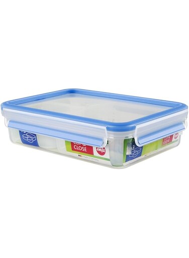 Emsa 512897 Clip &amp; Close box with divider insert, 22,5 x 16,3 5,8 cm, 1.2 litre, transparent/blue