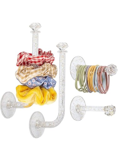 4Pcs Headband Holder Stand Scrunchie Organizer, Scrunchie Holder, Girls Hair Accessories Organizer Storage for Headband Hairband Hair Ties, Clear Glitter Adhesive Scrunchy Holder Scrunchie Storage