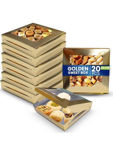 Packing Pack 20 Gold Bakery Box with Window, 15 x 10 cm Sturdy Aluminum Treat Boxes for Cookies, Pastries, Donuts &amp; Cakes - Dessert Gift Boxes for Weddings, Birthdays &amp; Party Favors
