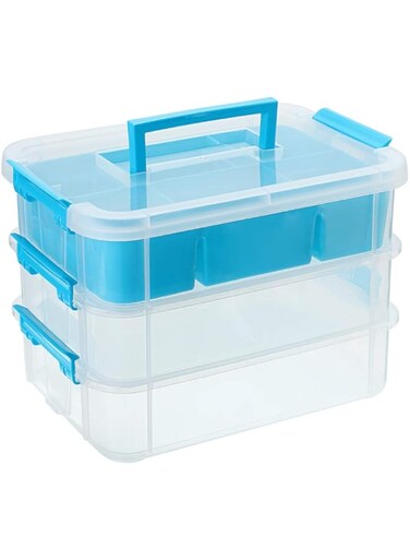 BTSKY 3 Layer Stack &amp; Carry Box, Plastic Multipurpose Portable Storage Container Box Handled Organizer Storage Box with Removable Tray for Organizing Sewing, Art Craft, Supplies Blue
