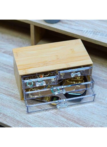 YAHOME 4 Drawers Table Top Jewelry Case With Acrylic Drawer, wooden Jewelry Organizer For stationary Cosmetics detachable Jewelry Drawer For Necklaces Rings Ear Stud Watch