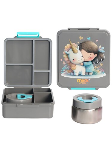 Attack Unicorn Hug Kids Bento Lunch Box with Thermos Jar &acirc;&euro;&ldquo; 4-Compartment Stainless Steel Leakproof Lunchbox with Silicone Seal &acirc;&euro;&ldquo; Cute Mermaid Artwork &acirc;&euro;&ldquo; Keeps Food Hot up to 5 Hrs &acirc;&euro;&ldquo; BPA-Free