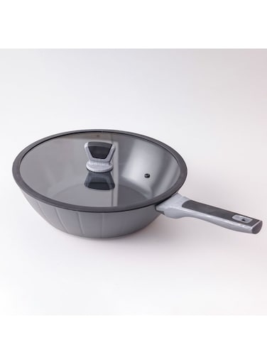 HOME Chef's Delight Stella Wok with Lid &acirc;&euro;&ldquo; Non-Stick PFOA Free Deep Frying Pan for Cooking, Durable Heavy-Duty Cookware, Induction Compatible, Ideal for Stir Fry &amp; Saute L32XW9.5Cm