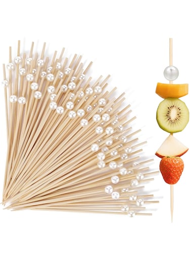 Off-White Pearl Bamboo Skewers, Disposable Eco-Friendly Picks for Fruit Platters, Beverage Decoration, Weddings, Banquets, and Parties
