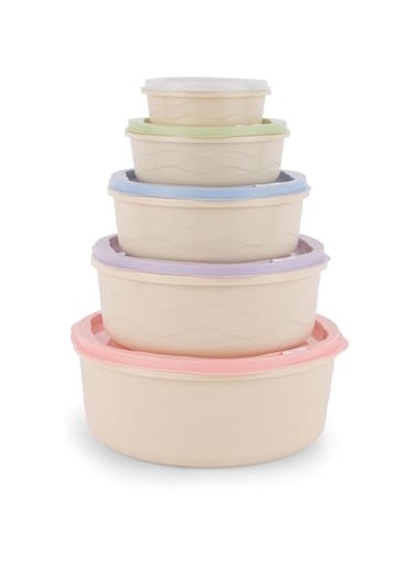 Royalford 5pcs Plastic Storage Box Set RF12181 Food Storage Round Containers Smart Lock Lid Airtight Odour Free Dishwasher &amp; Freezer Safe