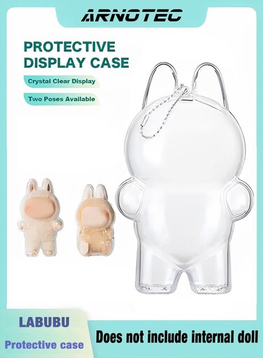 Protective Case for Labubu Standing Figure - Clear Collector Storage Box with Silicone Strap,Dustproof Scratch-Resistant for Standing Series (Figure Not Included)