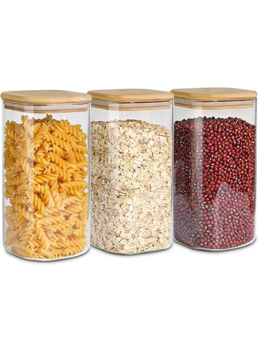 ComSaf Airtight Glass Storage Canister with Wood Lid (50oz), Clear Food Storage Container Jar with Sealing Bamboo Lid for Noodles Flour Cereal Rice Sugar Tea Coffee Beans, Set of 3