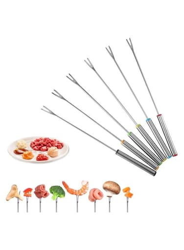 Steel Fondue Forks Set, 6 Pack 9.5 Inch Color-Coded Forks with Heat-Resistant Handles for Cheese, Chocolate, and Fruit Fondue, Perfect for Parties and Gatherings