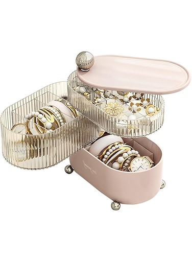 Beauenty Jewelry Storage Box,3-Layer 360&deg;Rotating Jewelry Organizer,Cosmetic Divided Storage Display Box with Drawer and Transparent Lid,Jewellery Box for Rings,Earrings,Bracelets,Necklaces