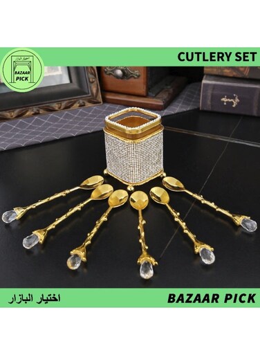 Crystal-Encrusted Dessert Spoon Set - Shimmering Diamond Square Base with 6 Golden Spoons - Decorative Tableware for Ramadan, Party &amp; Elegant Home Decor