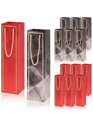 Excefore 12Pcs Wine Bottle Gift Bags with Handles, Reusable Paper Wine Gift Bags Bulk for Birthday Wedding Holiday Housewarming - 3.54 x 3.15 x 13.78 Inch