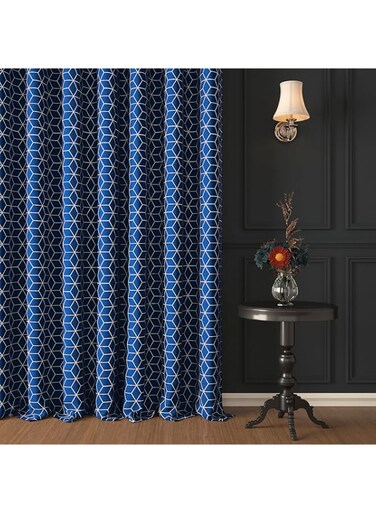 Story@Home 215 Cm Faux Silk Hexagon Pattern 100% Blackout Foil Grommet Door Curtain, Blue, 1 Piece