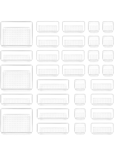 Vtopmart 37 PCS Clear Plastic Drawer Organiser Set, 4 Size Versatile Kitchen, Bedroom and Bathroom Drawer Organizer Trays for Makeup, Jewelry, Kitchen Utensils and Office