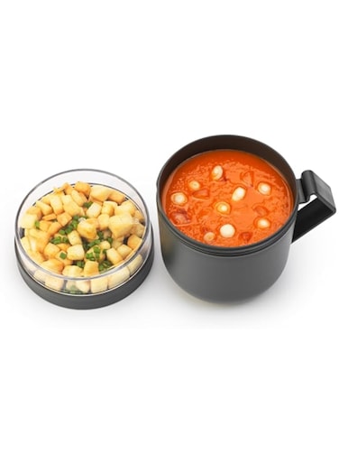 Brabantia - Make &amp; Take Soup Mug 0.6L - with Screw-On Toppings Container (180 ml) &amp; Handle - Leakproof - Large Opening - Suitable for Freezer - Dishwasher &amp; Microwave Safe - Dark Grey