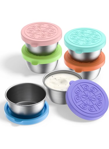 Pack Salad Dressing Container To Go, 1.7oz/50ml Reusable Small Condiment Containers with Lids, Leakproof Silicone Lids Stainless Steel Sauce Cups Containers for Lunch Box, Picnic and Travel